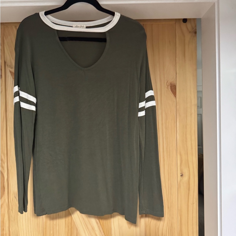 Olive Long Sleeve Top with White Stripes
